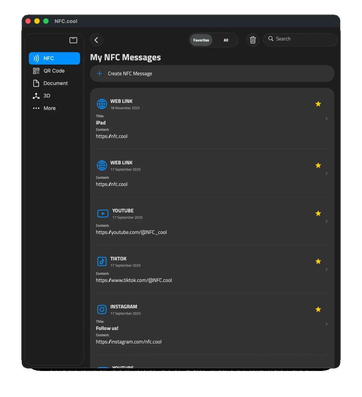 My NFC Messages in the sidebar
