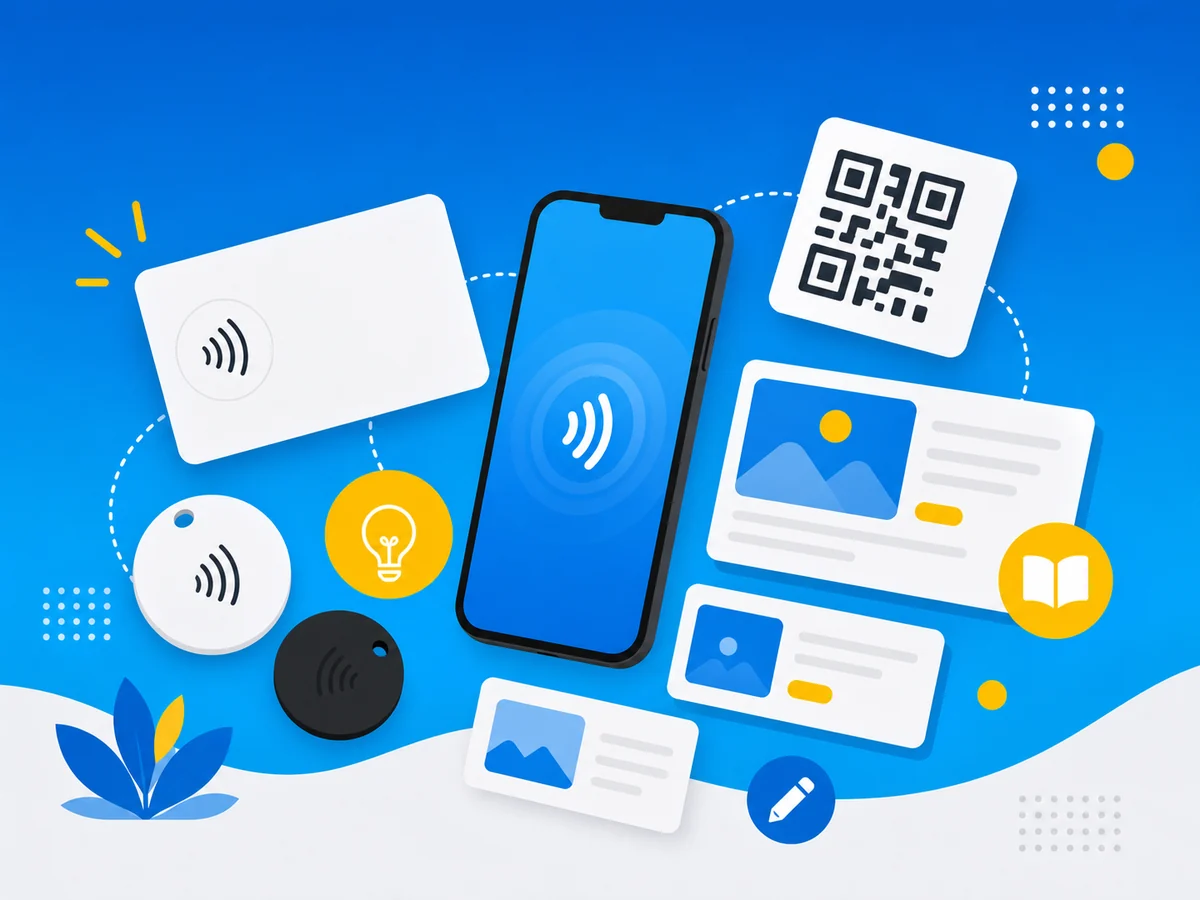 NFC.cool blog topic collage with phone, NFC card, tags, and QR motif