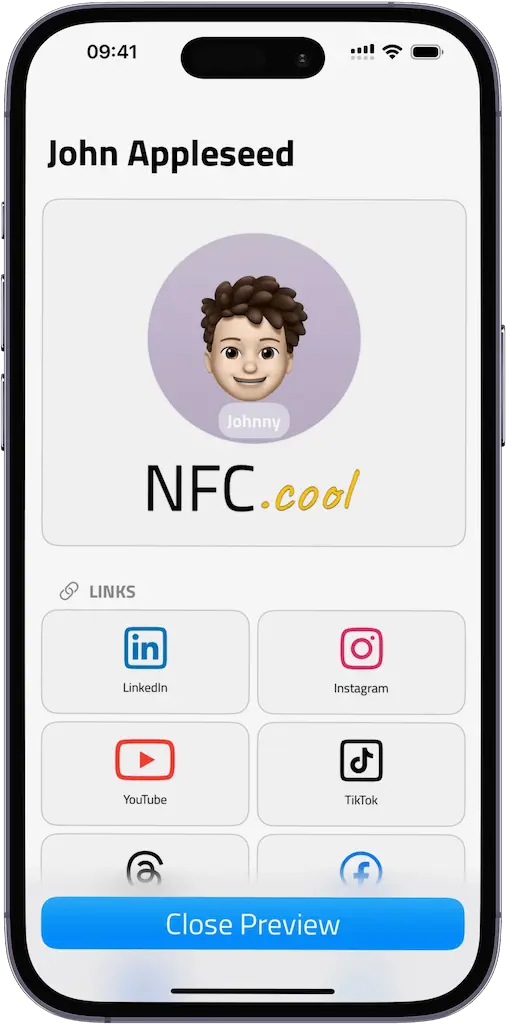 NFC.cool Business Card profile view with name, photo and social media links