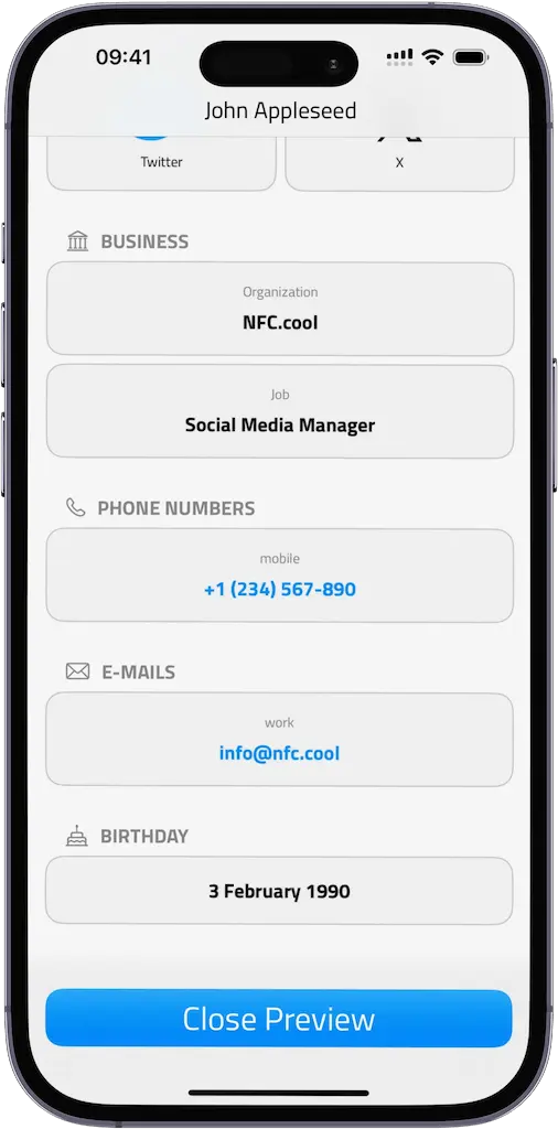 Profile view with address, phone number, and email